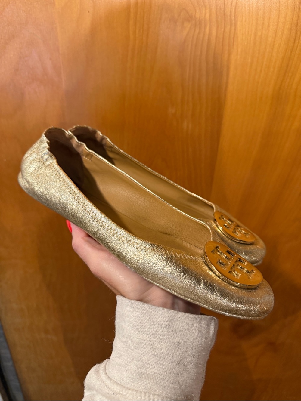 Tory Burch Gold Metallic Logo Ballet Flats - Picture 3 of 12